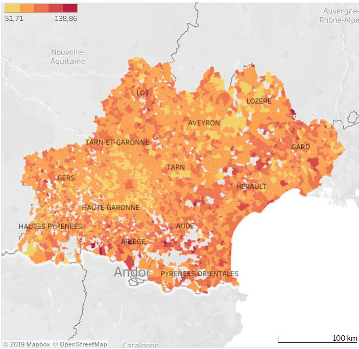 carte représentant la fragilité globale en Occitanie pour les villes de plus de 100 habitants