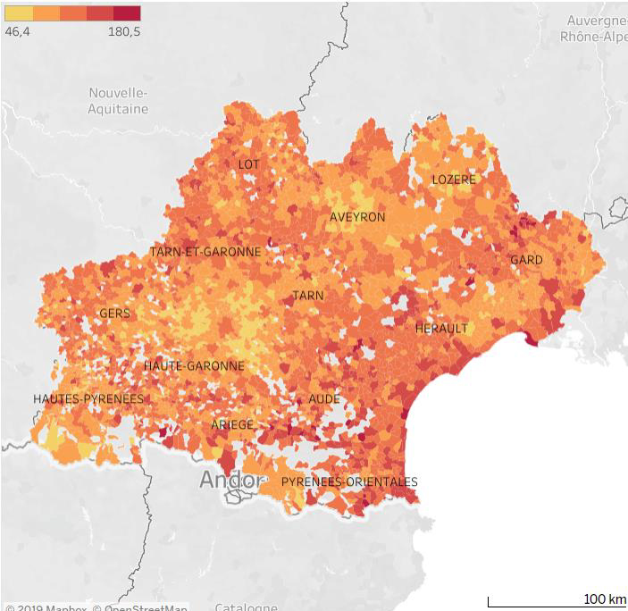 Carte qui correspond à la fragilité globale en compétences pour les communes de 100 habitants minimum en Occitanie